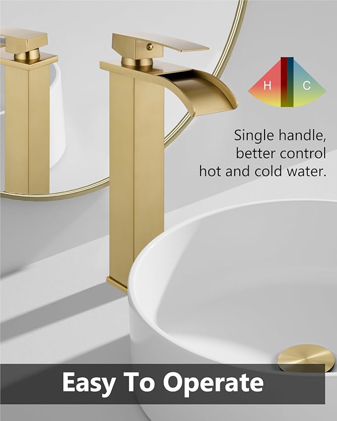 Vessel Sink Faucet Waterfall Tall Bathroom Faucet Single Handle,Single Hole Lavatory Vanity Mixer Tap with Pop Up Drain and Supply Lines,Brushed Gold