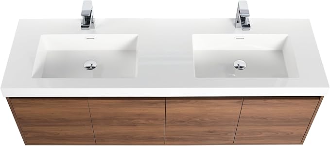Blossom 60 Inch Floating Vanity Double Sink for Master Bath | Luxury Wall Mounted Bathroom Cabinet with Integrated Sinks | Professional-Grade Plywood & Pre-Assembled Design | Modern Walnut Finish