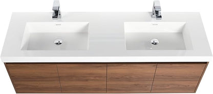 Blossom 60 Inch Floating Vanity Double Sink for Master Bath | Luxury Wall Mounted Bathroom Cabinet with Integrated Sinks | Professional-Grade Plywood & Pre-Assembled Design | Modern Walnut Finish