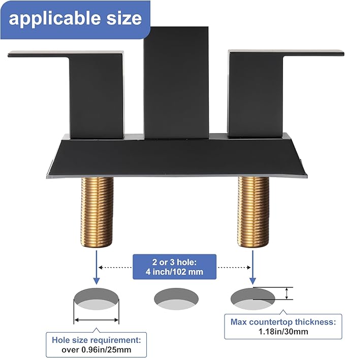 Black Waterfall Bathroom Faucet - 4Inch 2 or 3 Holes Centerset Faucet Bathroom | Two Handles Widespread Lavatory Vanity Sink Faucets with Overflow Pop-up Drain & Supply Lines Matte Black