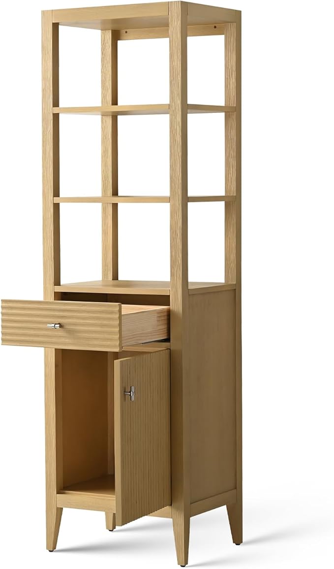 HOMEBEYOND Bathroom Vanity with Storage Cabinet & Shelves, Free-Standing Vanity with Soft-Closing Doors, Golden Brushed Handware, Natural Oak