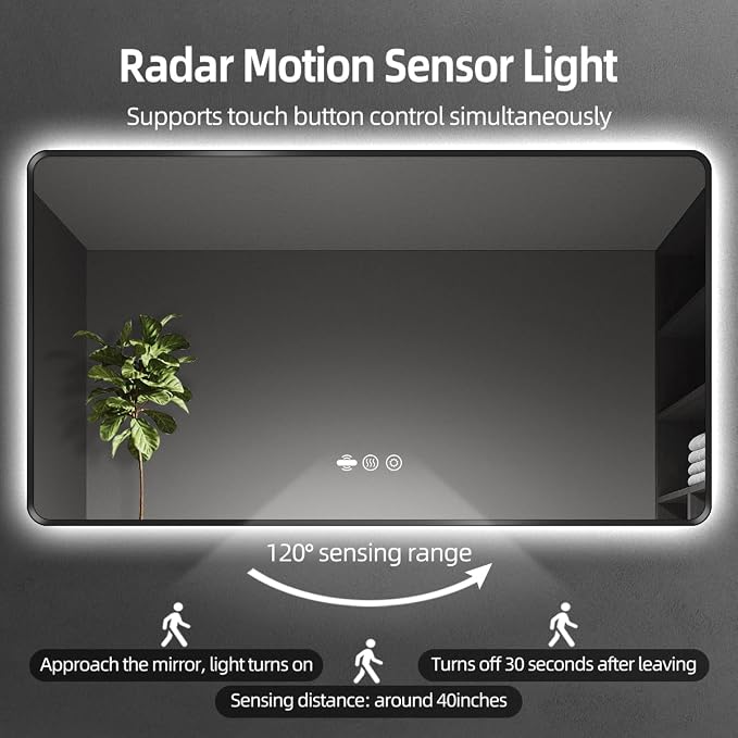 60" x 36" Black LED Bathroom Mirror with Lights - Motion Sensor | Smart Backlit Mirror Bathroom, Metal Framed, Anti-Fog, 3-Color Stepless Dimmable Lighted Mirror, Memory Function, CRI≥93