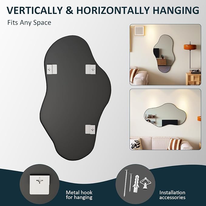 Irregular Full Length Mirror, 26"x46" Full Body Mirror with Metal Frame, Asymmetrical Mirrors for Entryway Bathroom Living Room Bedroom, Horizontal or Vertical Hanging