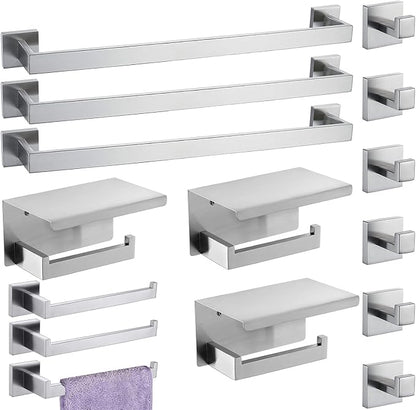 Bathroom Hardware Set 15 Piece Brush Nickel Bathroom Accessories Set SUS304 Towel Bar Set Includes 3 Towel Bar 24 Inch+3 Towel Holder+3 Toilet Paper Holder+6 Towel Hooks (15, Brushed Nickel)