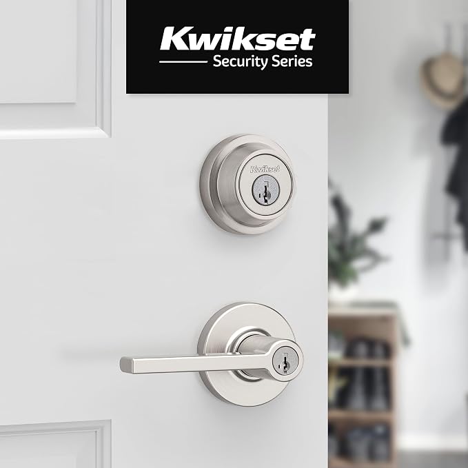 Kwikset Casey Round Front Door Lock Handle and Deadbolt Set, Entry Exterior with Interior Reversible Lever, Satin Nickel, Project Pack, Pick Resistant SmartKey Rekey Deadbolt Security