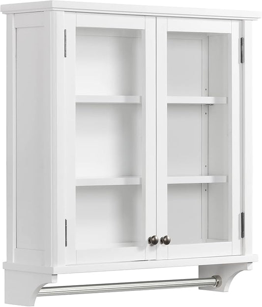 Dorset 27 in. W x 29 in. H Wall Mounted Bathroom Storage Cabinet with Organizing Shelves, Mirror, Towel Rod, and Tempered Glass Doors -Generous Space for Toiletries, Towels, and Supplies-White Finish