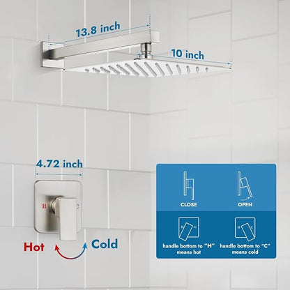 Brushed Nickel Shower Faucet Set, 10 Inch Rain Shower System with Valve | Complete Rain Shower Set with Valve, Single Handle Wall Mount Design