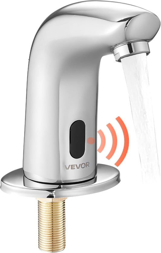 VEVOR Touchless Bathroom Sink Faucet, Automatic Motion Sensor Restroom Toilet Faucet Cold Water with Hole Cover Plate, Battery Operated for 9/16 in Pipe Commercial Lavatory,Chrome Plated Silver G112M