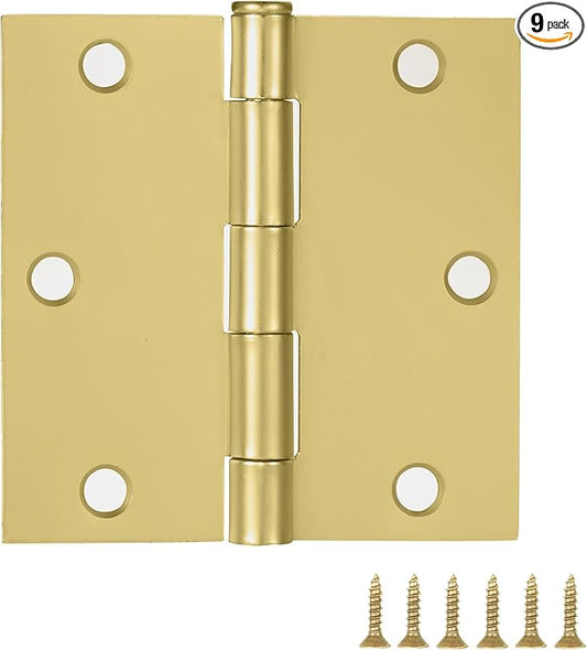 9-Pack Satin Brass Interior Door Hinges – 3.5-inch x 3.5-inch – Square Corner Radius Steel Door Hinge – Fits Standard Doors – Design House 185983