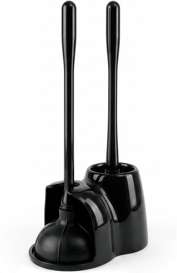 2-in-1 Black Toilet Brush and Plunger Set with Holder – Compact Bathroom Cleaning Combo, Strong Rubber Plunger & Stiff Bristle Brush, Space-Saving Stand, Fits Most Standard Toilets, 6.4×5.5×17.1 inch