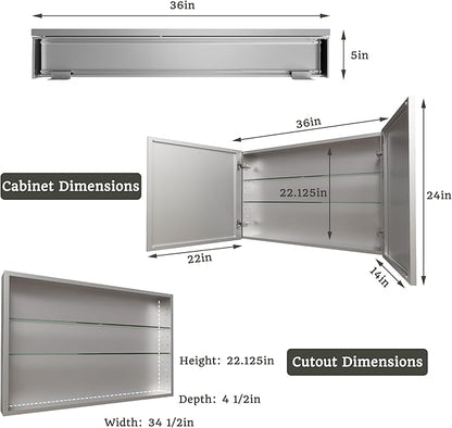 36x24 Bathroom Medicine Cabinet with Mirror,Aluminum Alloy Frame with Mirror Side Panels,Surface or Recessed Medicine Cabinet with Adjustable Shelves,Assembly Required