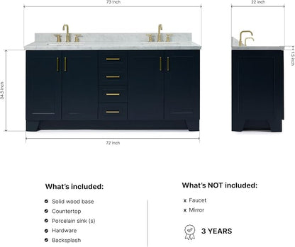 ARIEL Taylor 72-inch Bathroom Vanity with Sink,Solid Wood, 1.5-inch Italian Carrara Marble Countertop, Double Rectangular Porcelain Sink, 4 Soft Closing Doors, 6 Dovetail Drawers, Midnight Blue