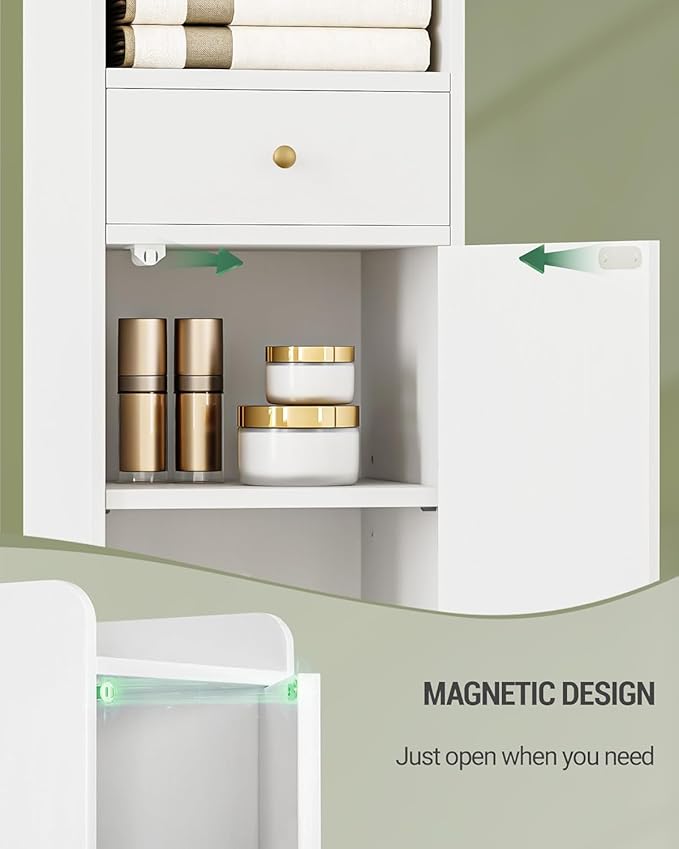 Bathroom Cabinet with Adjustable Shelves & Door, Freestanding Tall Floor Storage Cabinet with Drawer - Narrow Toilet Paper Organizer for Bathroom, White BC29013G