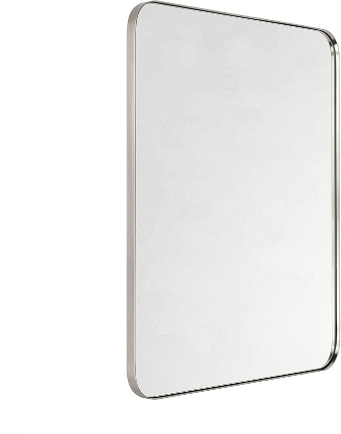 GRACTO 24x30'' Brushed Nickel Metal Framed Bathroom Mirror for Wall in Stainless Steel Rounded Rectangular Bathroom Vanity Mirrors Wall Mounted