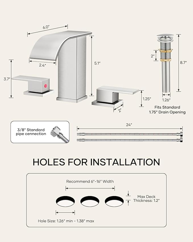 Waterfall Bathroom Faucet 3 Hole, Brushed Nickel 8 Inch Widespread Modern 3 Piece Bathroom Sink Faucet, Touch On Lavatory Faucet for Vanity RV Restroom, Curved Spout
