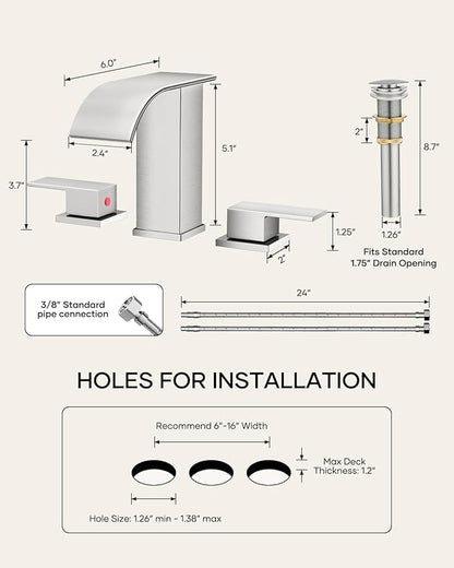 Waterfall Bathroom Faucet 3 Hole, Brushed Nickel 8 Inch Widespread Modern 3 Piece Bathroom Sink Faucet, Touch On Lavatory Faucet for Vanity RV Restroom, Curved Spout