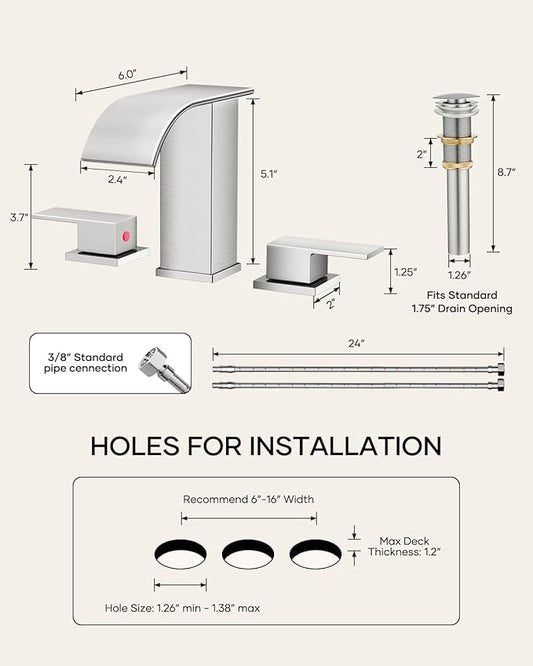 Waterfall Bathroom Faucet 3 Hole, Brushed Nickel 8 Inch Widespread Modern 3 Piece Bathroom Sink Faucet, Touch On Lavatory Faucet for Vanity RV Restroom, Curved Spout