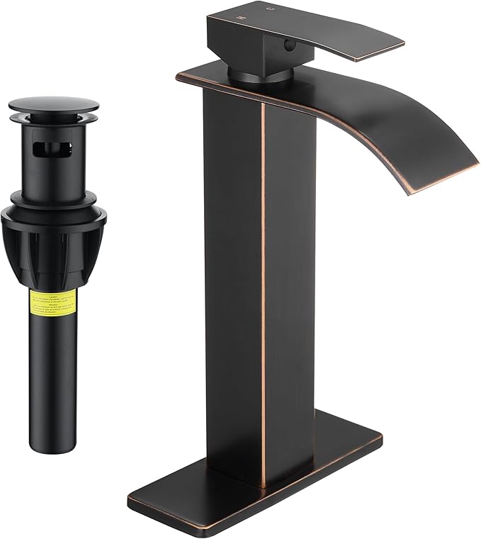 Fransiton Tall Vessel Sink Faucet Oil Rubbed Bronze Faucet for Bathroom Sink Tall Waterfall Bathroom Faucet Single Handle 1 or 3 Hole Wash with Pop-up Drain