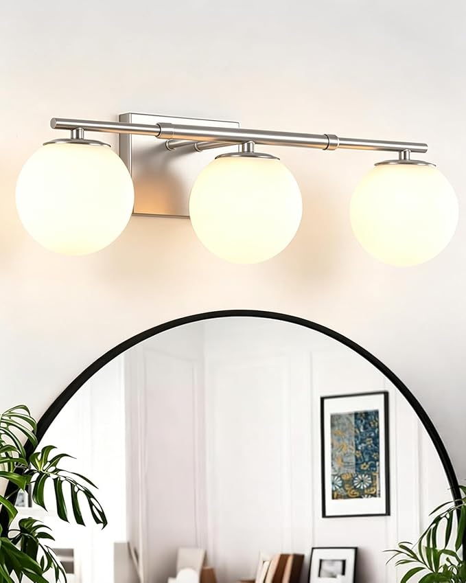 Bathroom Vanity Light Brushed Nickel 3T Wall Sconce for Mirror | Modern fixture Glass Shade brightness, Elivers even brightness. Sturdy metal resists rust. Dresser Bathroom over Mirror