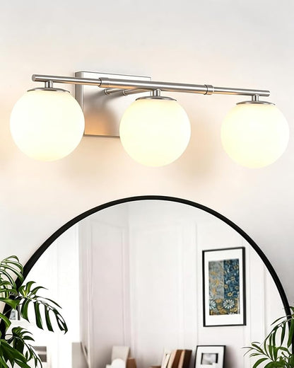 Bathroom Vanity Light Brushed Nickel 3T Wall Sconce for Mirror | Modern fixture Glass Shade brightness, Elivers even brightness. Sturdy metal resists rust. Dresser Bathroom over Mirror