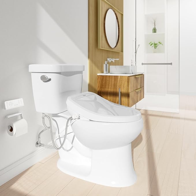 Electric Smart Bidet Toilet Seat, Warm Water and Adjustable Pressure, Elongated Heated Toilet Seat and Warm Air Drying, Slow Close Lid,Night Light,Wireless Remote,White (Elongated)