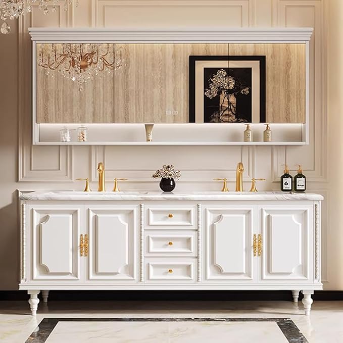 Bathroom Vanity with Single/Double Sink,Smart Defogging Mirror and Cabinet,48-92IN French Elegant Style Solid Wood Floor Standing Vanity