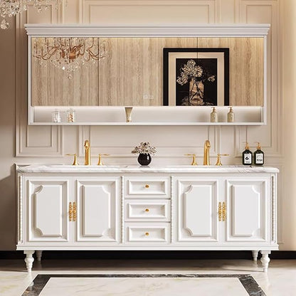 Bathroom Vanity with Single/Double Sink,Smart Defogging Mirror and Cabinet,48-92IN French Elegant Style Solid Wood Floor Standing Vanity
