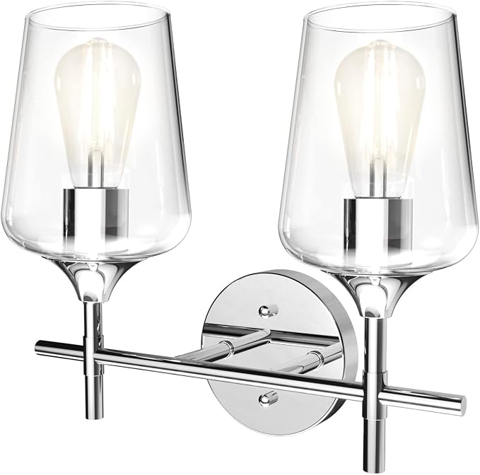 Ralbay Chrome Bathroom Light Fixtures 2-Lights with Clear Glass Modern Wall Mount Lighting Industrial Farmhouse Bathroom Vanity Lights Wall Sconce Chrome