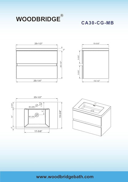 WOODBRIDGE 30 in. W x 19 in. D Wall Mounted Floating Bathroom Vanity in Gray with Quartz Sand Composite Vanity Top in Matte Black