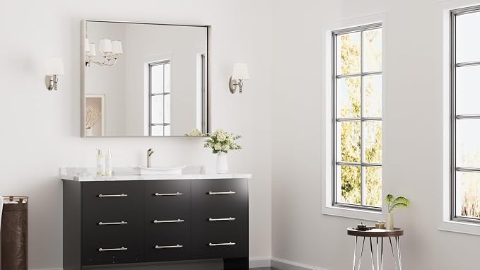 Keonjinn 42x36 Inch Nickel Bathroom Mirror for Over Sink, Rectangular | HD Tempered Glass, Vanity Mirror, Brushed Framed, Square Corner, Modern Farmhouse, Wall Mounted Mirrors, Aluminum Alloy