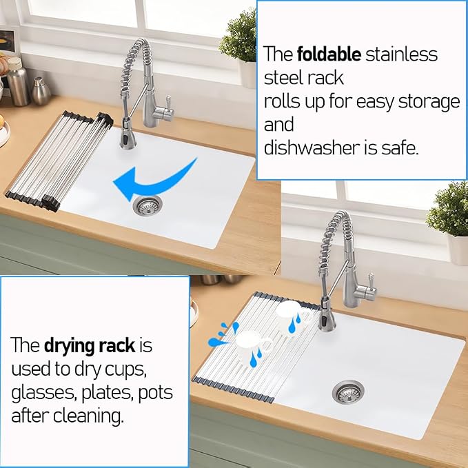 33 Inch White Undermount Kitchen Sink | 33x19 Granite Composite Kitchen Sink Quartz Undermount Single Bowl Deep Kitchen Sink with Countertop Squeegee Brush Combo