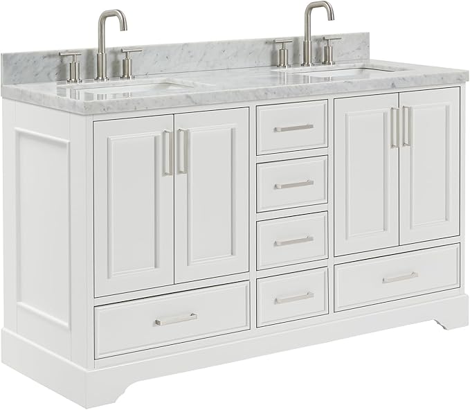 ARIEL Stafford 60-inch Bathroom Vanity with Sink,Solid Wood, 1.5-inch Italian Carrara Marble Countertop, Double Rectangular Porcelain Sink, 4 Soft Closing Doors, 6 Dovetail Drawers, White