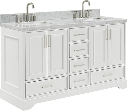 ARIEL Stafford 60-inch Bathroom Vanity with Sink,Solid Wood, 1.5-inch Italian Carrara Marble Countertop, Double Rectangular Porcelain Sink, 4 Soft Closing Doors, 6 Dovetail Drawers, White