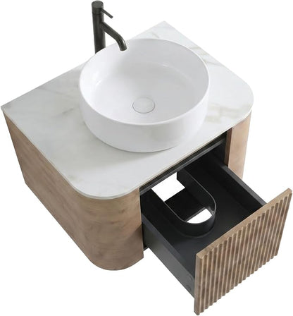 24" Preassembled Floating Bathroom Vanity with Round Sink, Oak | Mid-Century Modern Style, Fluted & Soft-Close Drawer with U-shaped Wall, Sinterted Stone Countertop, Towel Rack Included
