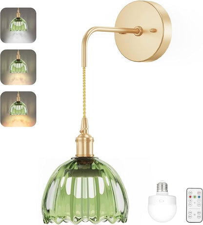 Battery Operated Wall Sconce CCT Dimmable Wireless Sconcesm Vintage Light Fixture with Green Tulip Glass Lampshade Wall Decor Set for Living Room Bedroom Bedside Bathroom 1PC Green