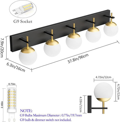 Ralbay Mid Century Modern Vanity Lights - 5-Light Milky Glass Globe Modern Bathroom Vanity Lights Over Long Mirror, Black/Golden Bathroom Wall Light Fixture