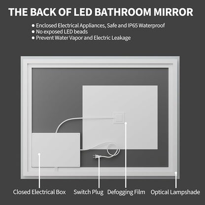 Koonmi 40x32 LED Bathroom Mirror, Shatterproof Mirror with Light | 90CRI Vanity Mirror with Anti-fog Backlit + Front Lit, 3 Color, Easy Install for Bathroom Hotel (IP65)