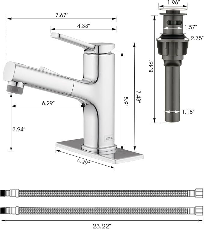 Pull Out Bathroom Faucet, Single Handle Bathroom Sink Faucet with Pull Out Sprayer, Bathroom Faucet for Sink, with Pop-up Drain & Deck Plate 1 or 4-inch Centerset 3 Hole, Chrome