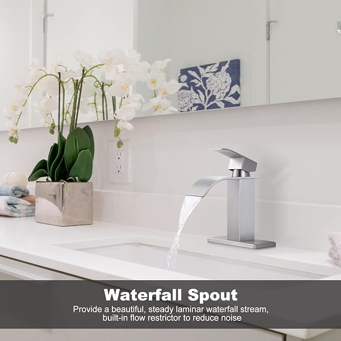 Waterfall Bathroom Faucet Brushed Nickel: ARCORA Single Hole Bathroom Sink Faucet Mixer Tap with Supply Lines and Pop Up Drain
