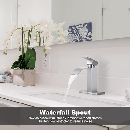 Waterfall Bathroom Faucet Brushed Nickel: ARCORA Single Hole Bathroom Sink Faucet Mixer Tap with Supply Lines and Pop Up Drain