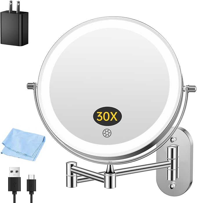 FUNTOUCH 5000mAh Rechargeable Wall Mounted Makeup Mirror with Light Charger | Double Sided 1X/30X Magnification,3 Color Lights,Touch Dimmable,Extended Arm 360 Rotation Lighted Bathroom Mirror