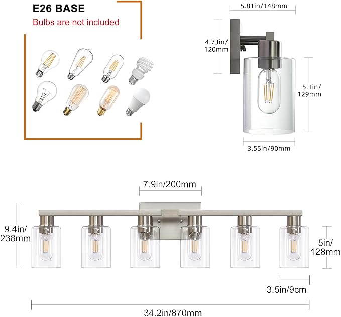 6-Light Bathroom Vanity Light, Brushed Nickel Vanity Lights for Bathroom, Bathroom Lights Fixtures Over Mirror, Large Vanity Light Over Mirror Modern Wall Sconce with Clear Glass Shade