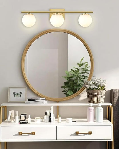 Brushed Brass Bathroom Vanity Light fixtures,24‘’ 3 Lights Modern Globe Glass Shade Wall Sconce for Over Mirror, Damp Rated