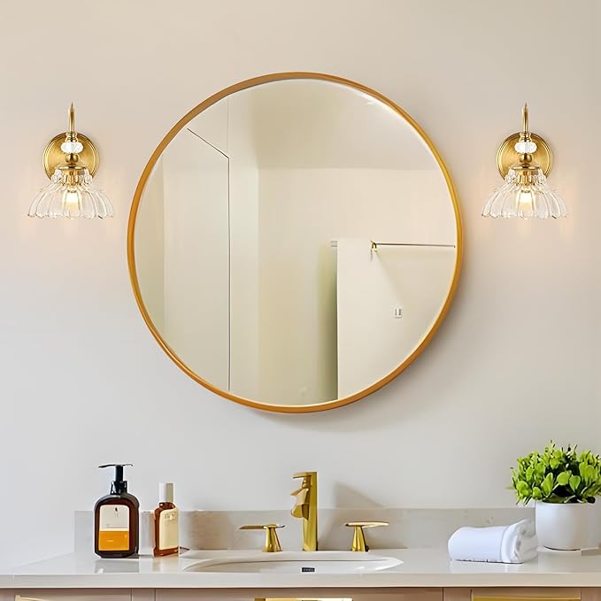 1 Piece Vintage Wall Sconce, 1-Light Brushed Gold Finish Wall Sconce with Hanging Crystal Accents and Flower-Shaped Amber Shades for Bathroom Bedroom Living Room,Vintage Vanity Light