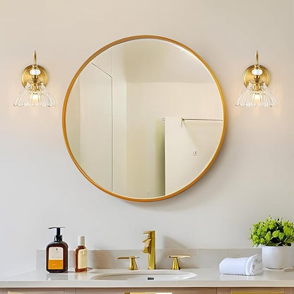 1 Piece Vintage Wall Sconce, 1-Light Brushed Gold Finish Wall Sconce with Hanging Crystal Accents and Flower-Shaped Amber Shades for Bathroom Bedroom Living Room,Vintage Vanity Light