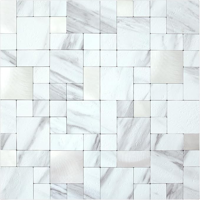 DICOFUN 1 Sheet White Marble Look Peel and Stick Tile Backsplash, Mixed Metal Silver Chips Kitchen and Bathroom Tiles, Stick on Backsplash for Stove