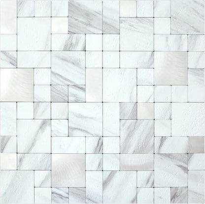 DICOFUN 1 Sheet White Marble Look Peel and Stick Tile Backsplash, Mixed Metal Silver Chips Kitchen and Bathroom Tiles, Stick on Backsplash for Stove