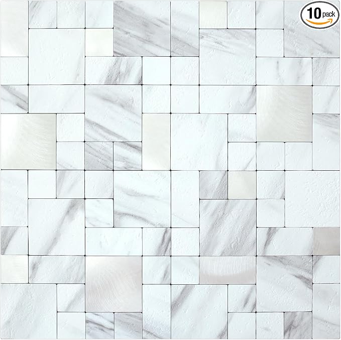 DICOFUN 10 Sheets White Marble Look Peel and Stick Tile Backsplash, Mixed Metal Silver Chips Kitchen and Bathroom Tiles, Stick on Backsplash for Stove