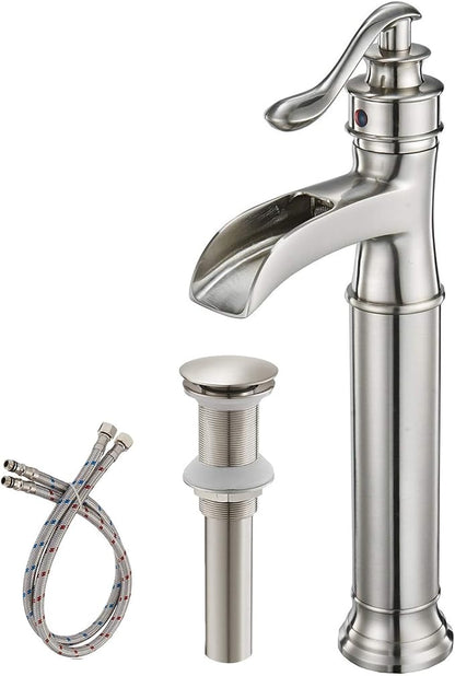 BWE Waterfall Vessel Sink Faucet Brushed Nickel Bathroom Faucet Single Handle Tall Single Hole Bathroom Sink Faucet Commercial Mixer Tap with Pop Up Drain Assembly and Supply Line