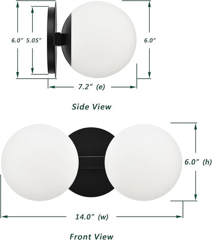 Black Bathroom Vanity Light Fixtures, Modern 2 Lights Globe Wall Sconce Lighting, Porch Wall Mount Light Fixture for Bathroom, Mirror Cabinets Hallway Stairs (Matte Black, 2-Light)